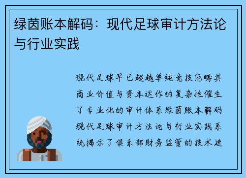 绿茵账本解码：现代足球审计方法论与行业实践