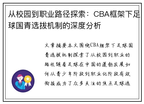 从校园到职业路径探索：CBA框架下足球国青选拔机制的深度分析