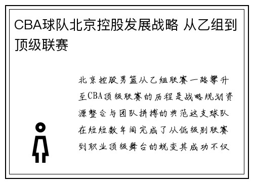 CBA球队北京控股发展战略 从乙组到顶级联赛